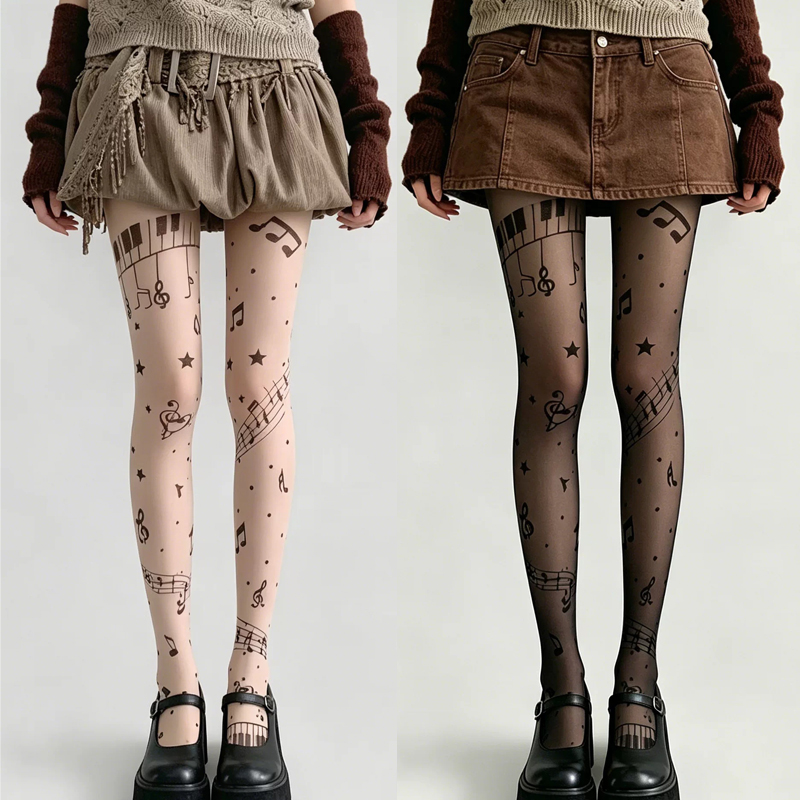 Tights Pantyhose Sheer - Y2K Muzieknoot Print Sheer Pantyhose Retro