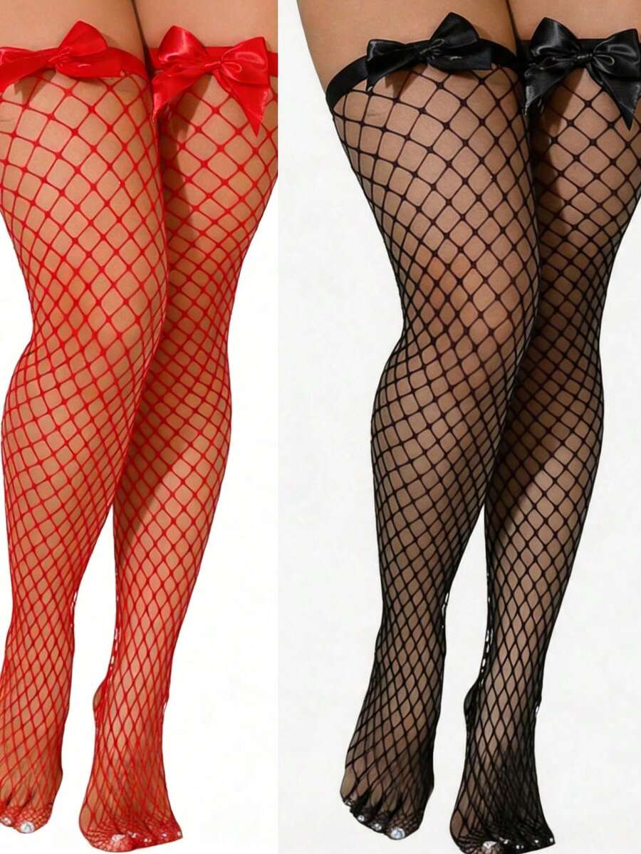 Knee High Sock Women - Kousen met strikdecoratie, fishnet, boven de